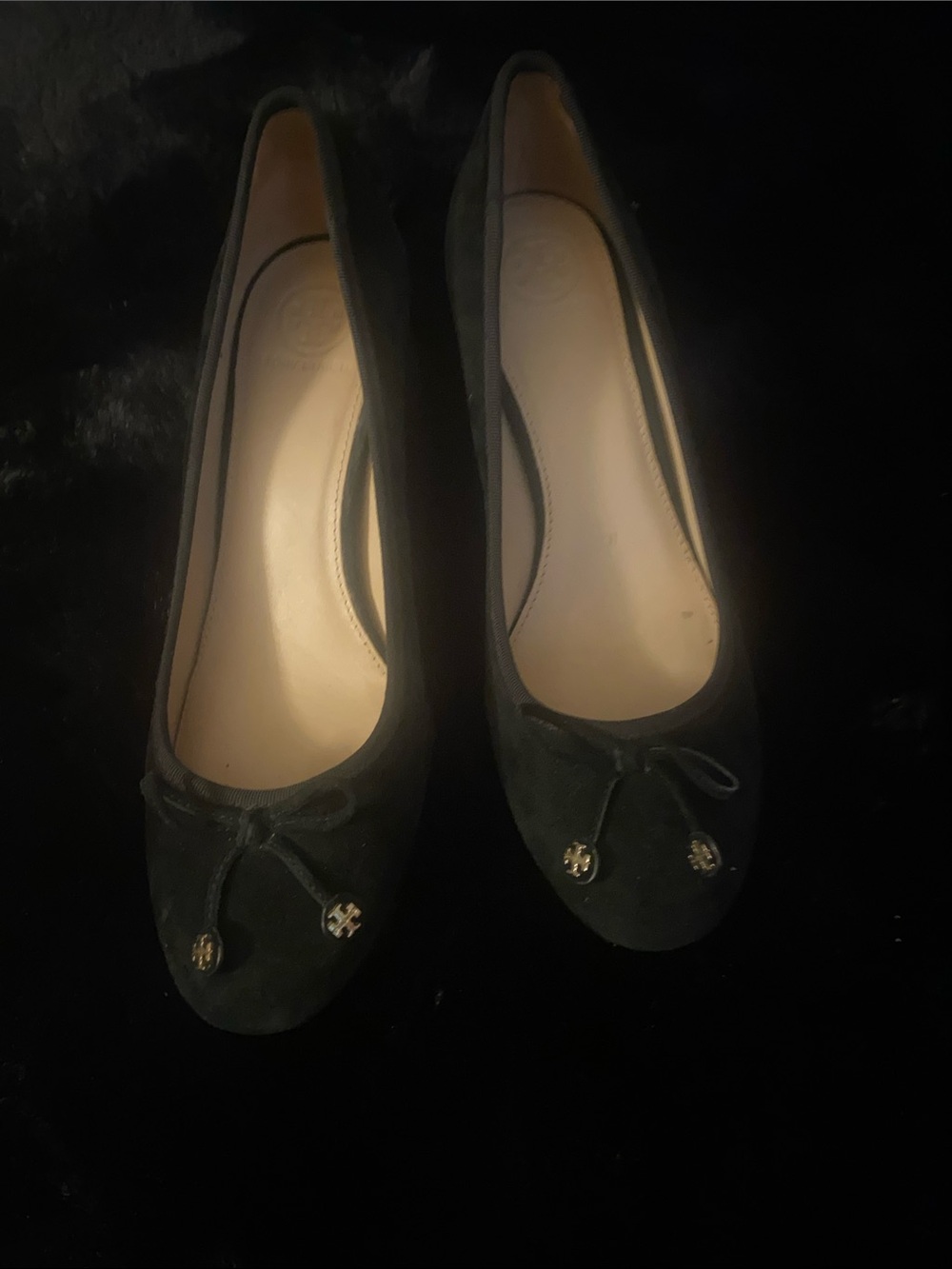 Tory Burch Black Suede Bow block low heel with Logo Charms
